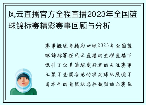 风云直播官方全程直播2023年全国篮球锦标赛精彩赛事回顾与分析